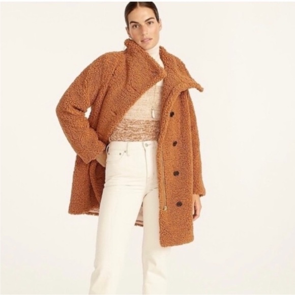 NWT J.Crew Villa Coat Teddy Sherpa Mid Length Adobe Clay Brown sz 8 zip button - Picture 2 of 15